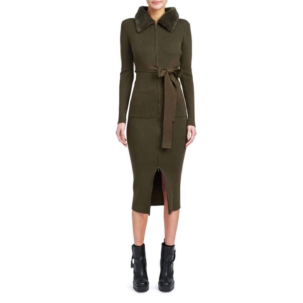 NEW EN SAISON long sleeve belted midi dress with faux fur collar in olive